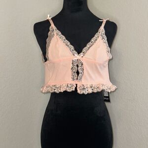 Nasty Gal Lace Frill Ribbed Lingerie Top Womens 2 Peach Floral Lace Trim NWT